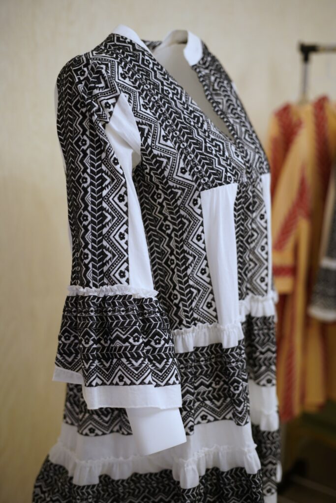 black and white geometric midi dress