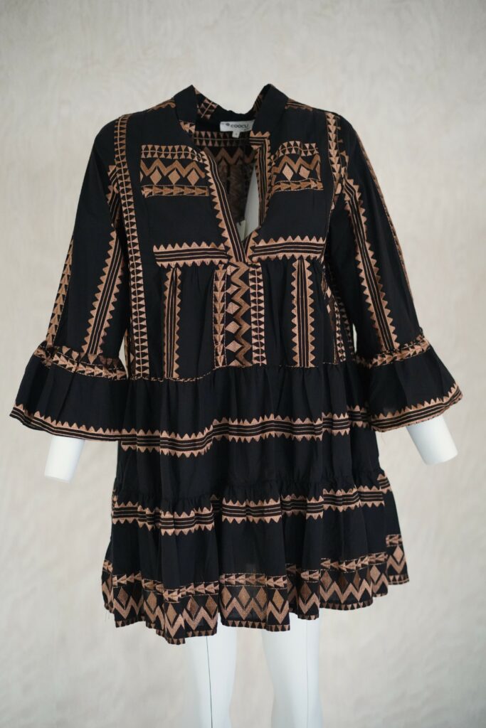 black and bronze geometric short dress