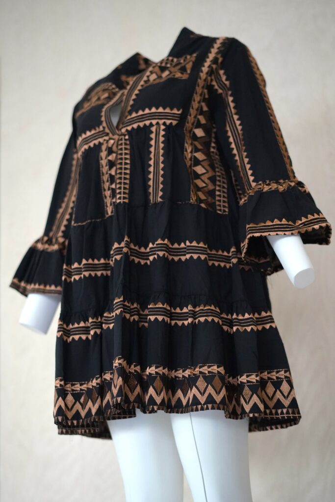 black and bronze geometric short dress