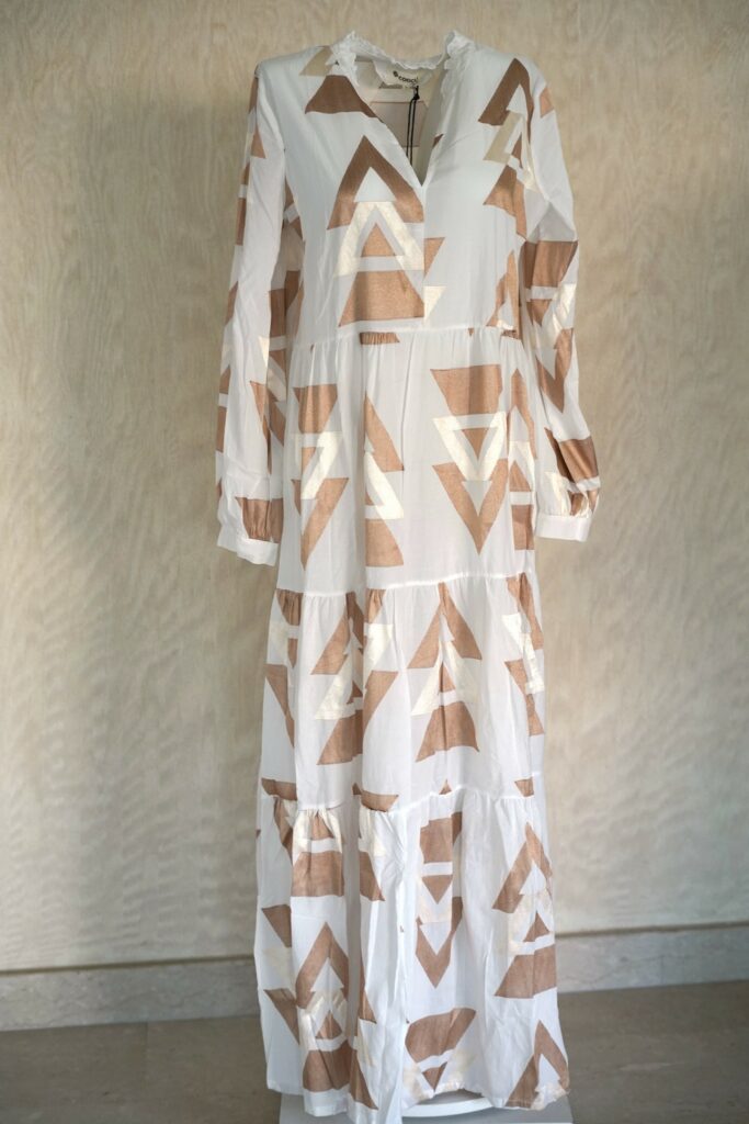 off white and bronze geometric midi dress