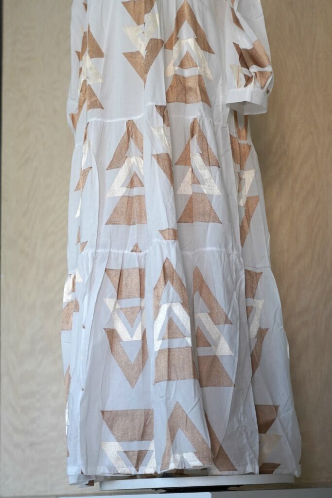 off white and bronze geometric midi dress